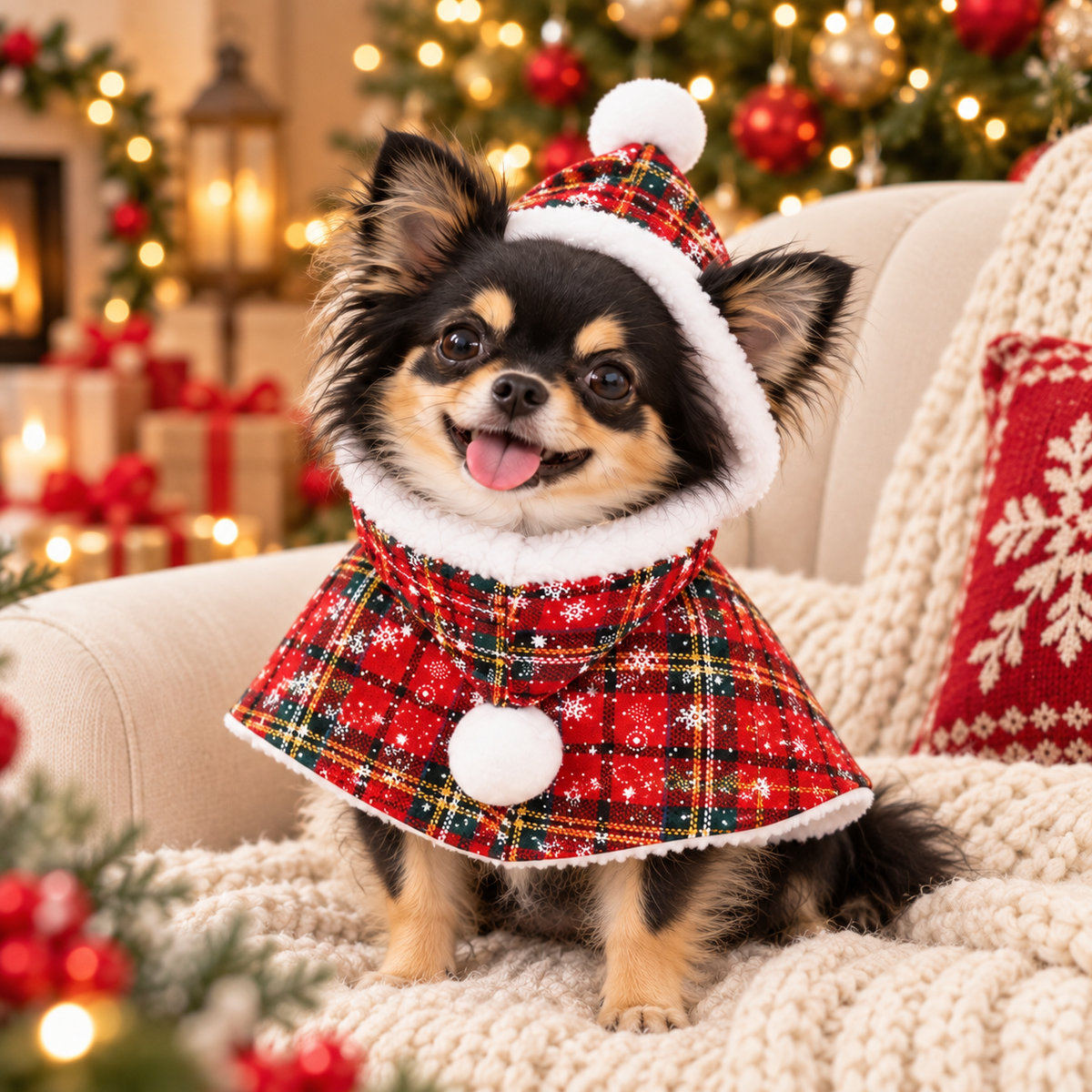 Black and tan small dog wearing Jolly Petmas Christmas Plaid Dog Cape