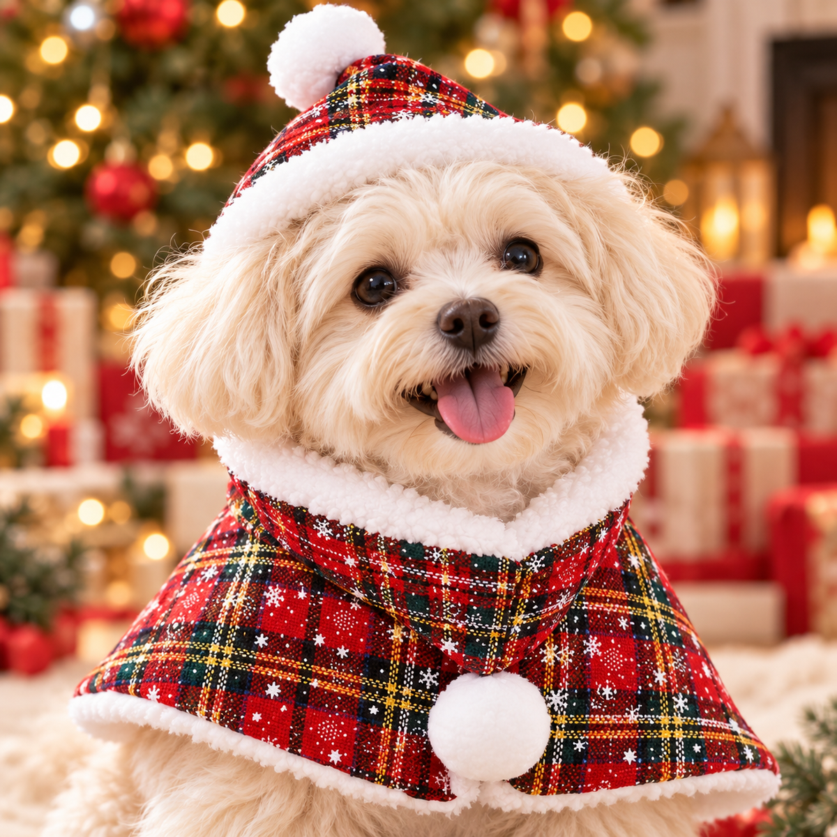 Close-up of the Christmas Plaid Dog Cape